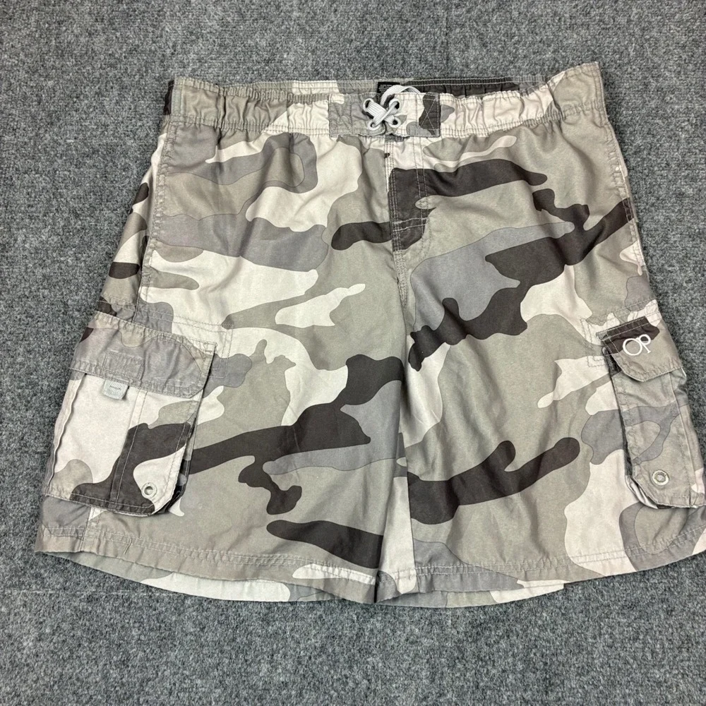 OP Ocean Pacific Mens Grey Camo Cargo Board Shorts Swim Trunks Size Medium y2k